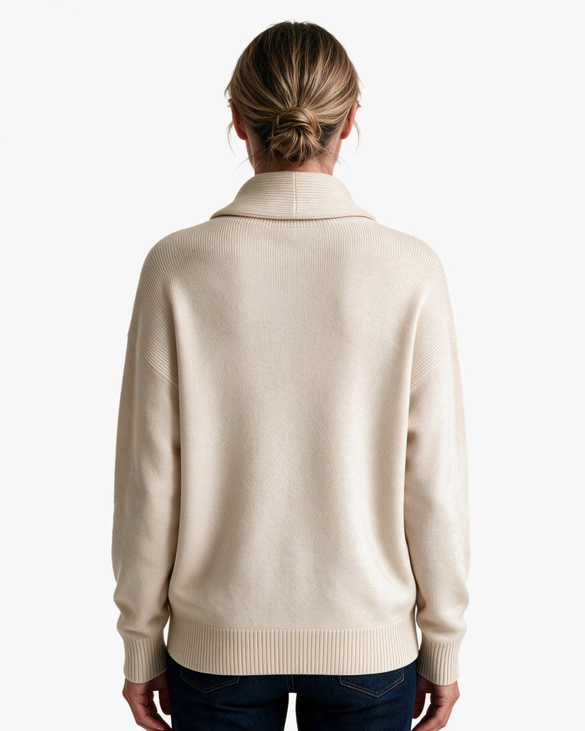 Arden shawl-collar V-neck sweater in Cream, back view