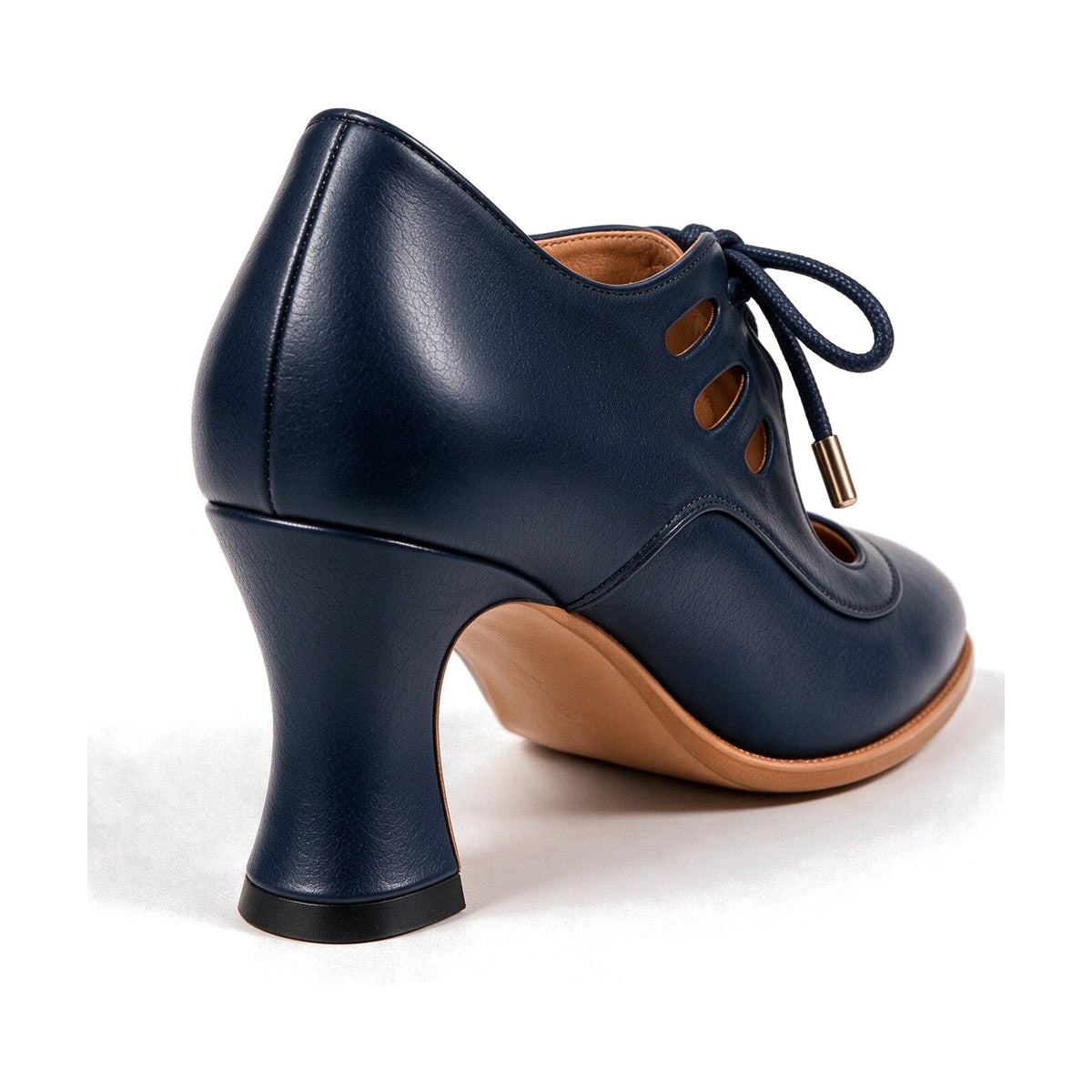 Ellery vintage lace-up heel in Navy, back view with the curved heel