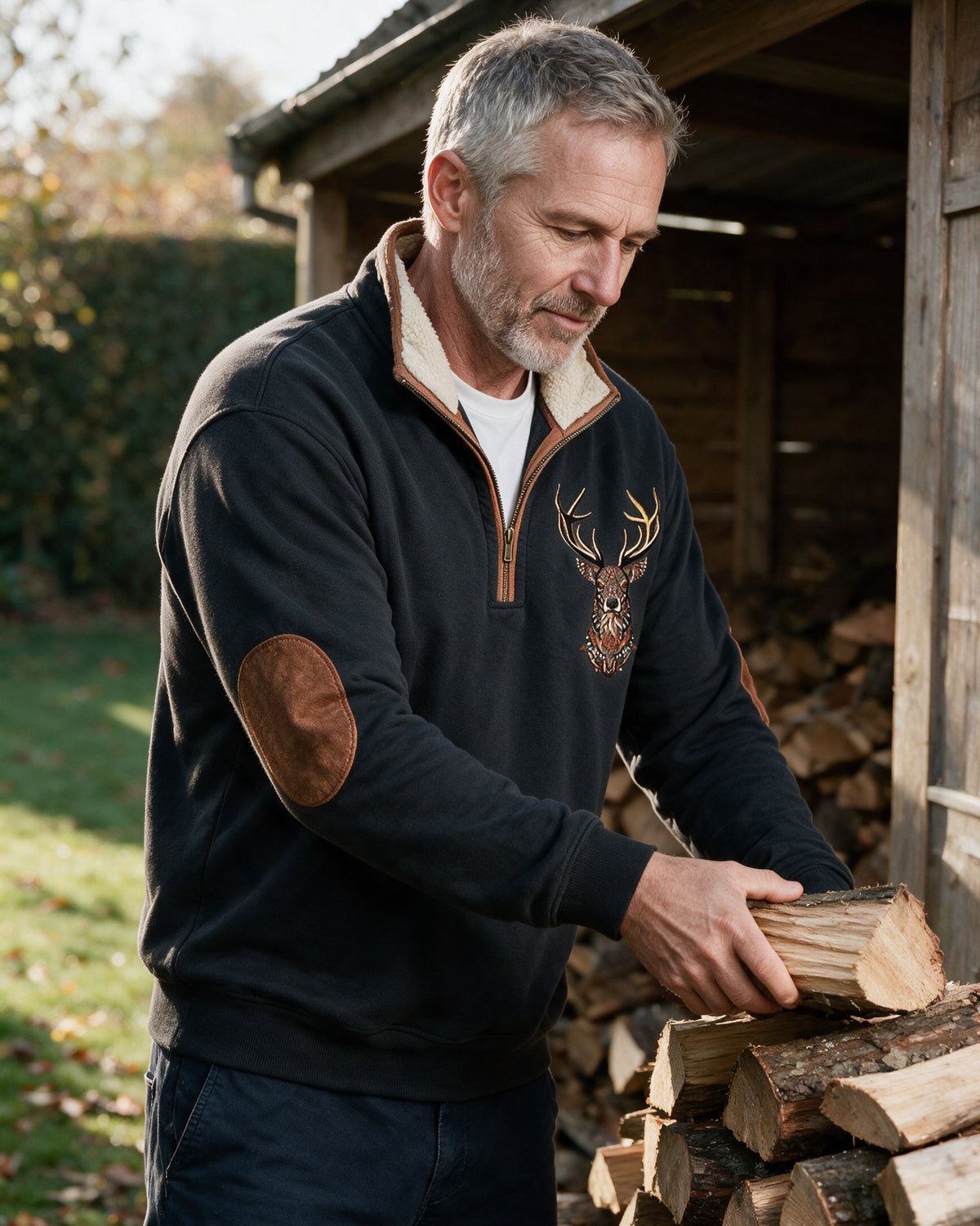 Glenmore sherpa-collar quarter-zip sweatshirt in Black, stacking firewood