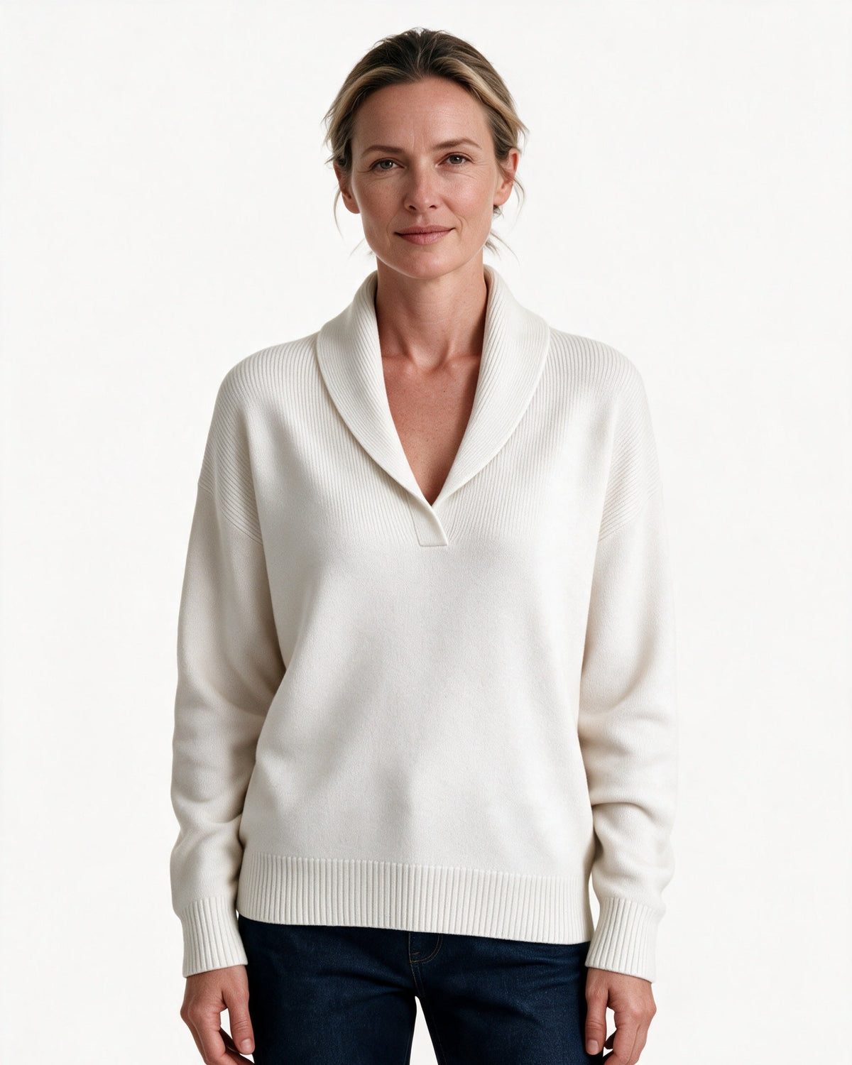 Arden shawl-collar V-neck sweater in White