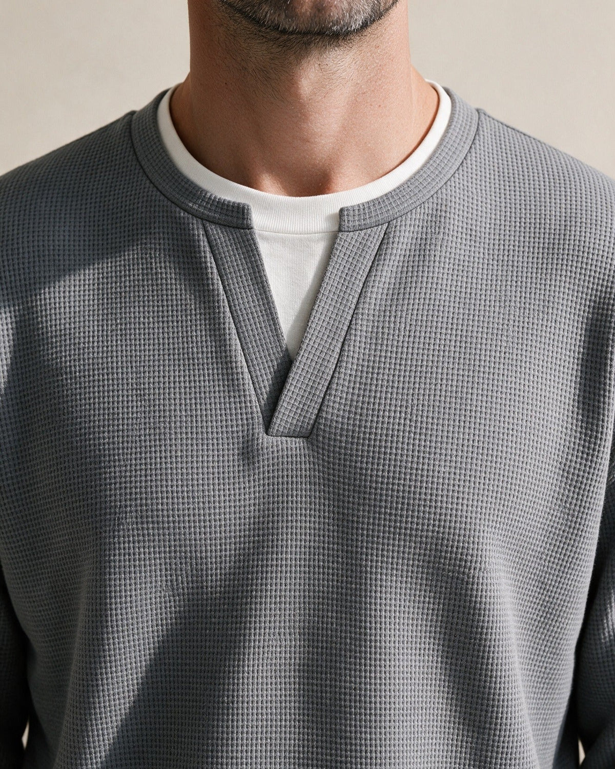Denholm layered-look neckline with V split, close-up