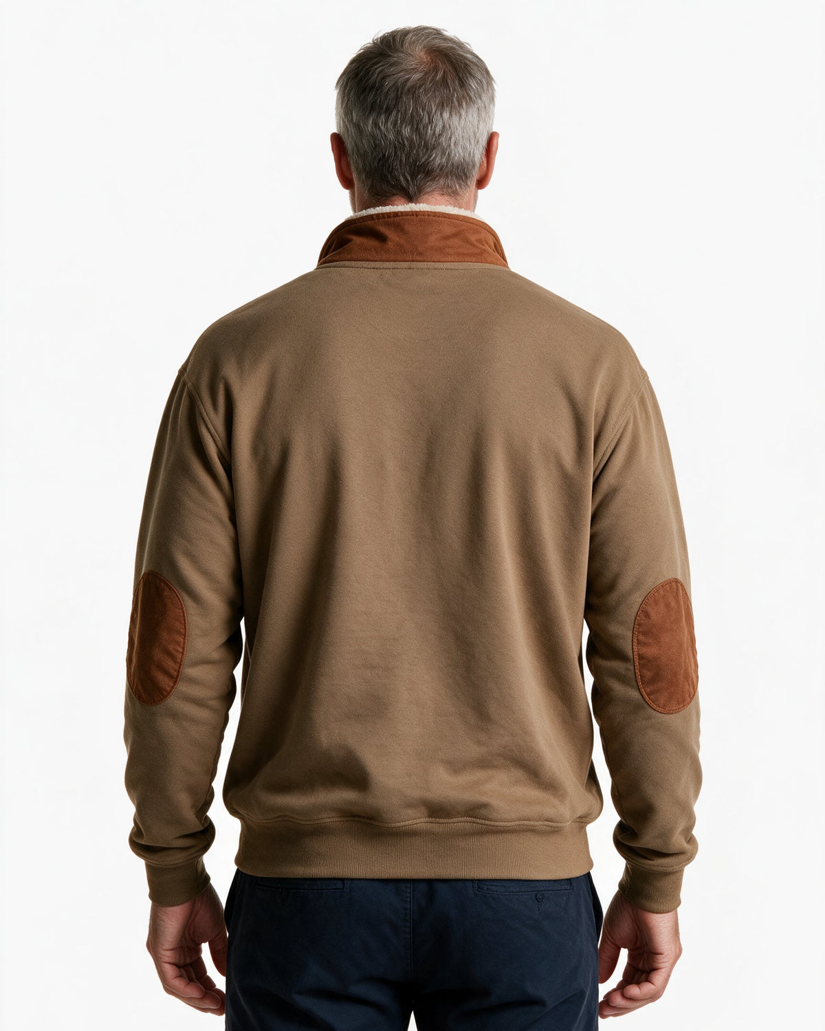 Glenmore sherpa-collar quarter-zip sweatshirt in Brown, back view