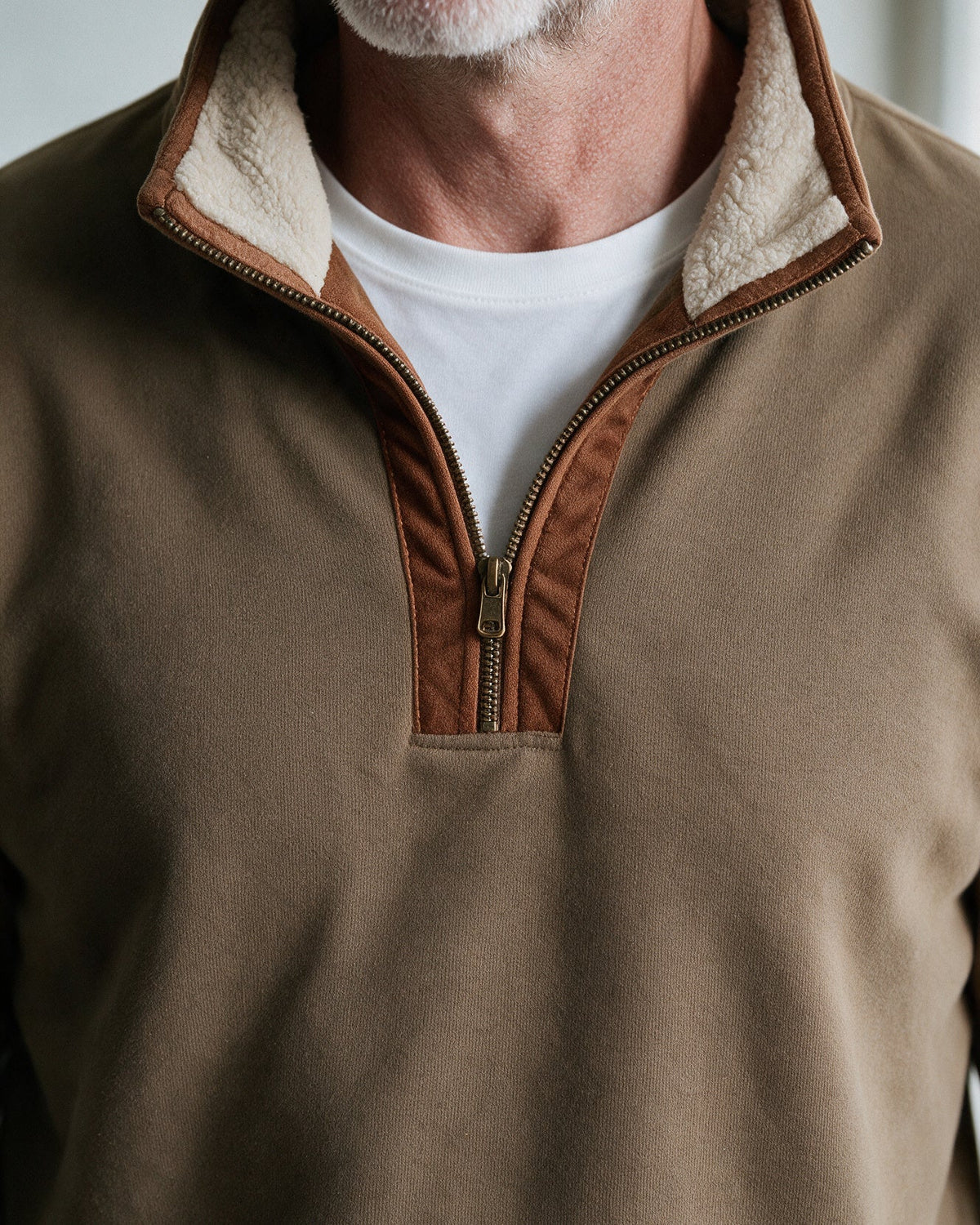 Glenmore sherpa-lined collar and quarter zip, close-up