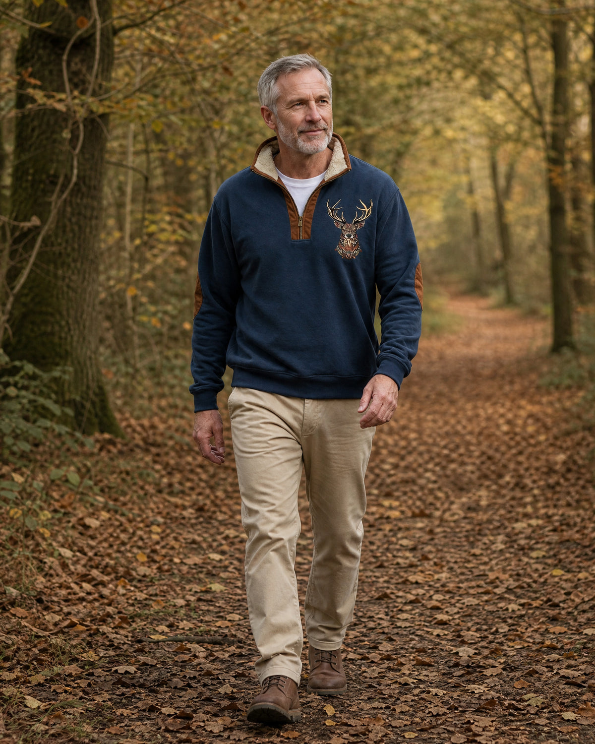 Glenmore sherpa-collar quarter-zip sweatshirt in Navy, on a walk in the woods