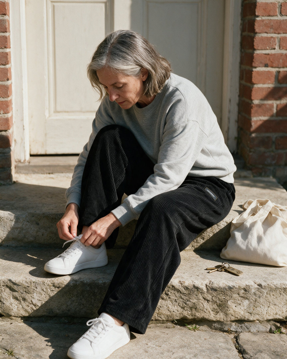 Tilbury wide-leg corduroy pants in Black, tying a trainer on the front step