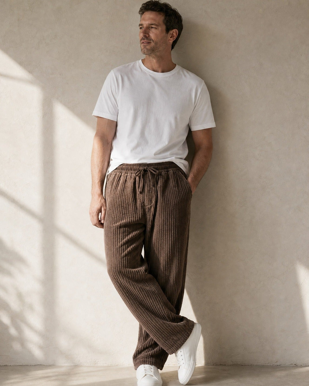 Wexford corduroy trousers in Brown, leaning against a wall